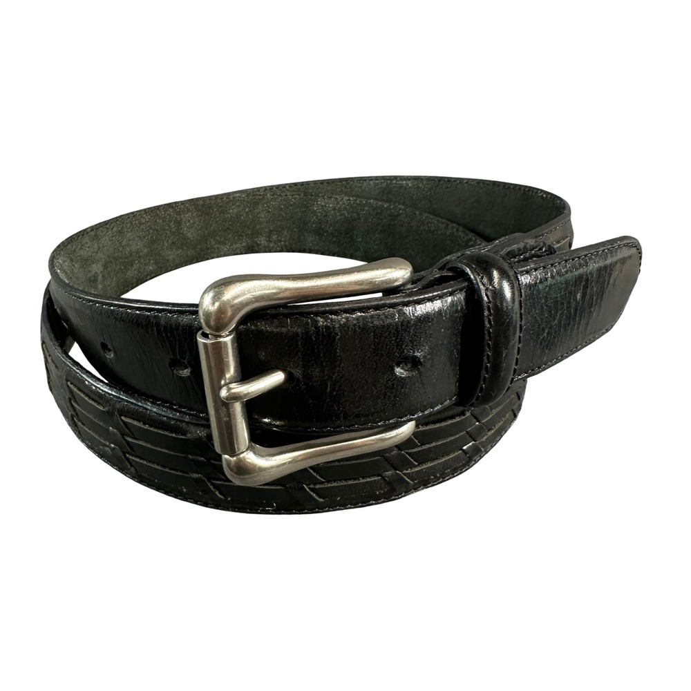Mens Black Genuine Leather Braided Tip Belt Silver Roller Buckle Size 40 100